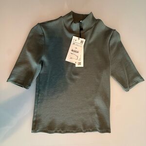 Zara Green Mock Turtleneck Cotton Short Sleeve Shirt- Size Medium- New With Tag